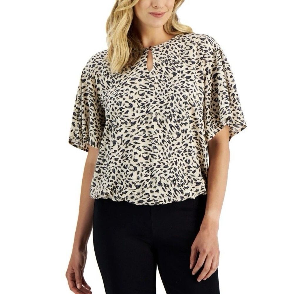 JM Collection Women’s 1X NWT Plus Size Animal Print Flutter Sleeve Top New